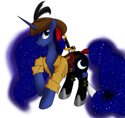 Size: 3367x3173 | Tagged: safe, artist:playfulpossum, princess luna, alicorn, pony, bicorne, boots, clothes, feather, hat, high res, looking at you, open mouth, pirate, raised hoof, simple background, solo, sword, weapon, white background