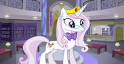 Size: 1280x667 | Tagged: safe, artist:boneswolbach, artist:disneymarvel96, artist:larsurus, edit, fleur-de-lis, unicorn, bowtie, canterlot, crown, ear piercing, earring, female, glasses, jewelry, library, piercing, regalia, solo, tiara, vector, vector edit