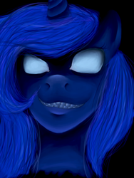 Size: 900x1200 | Tagged: safe, artist:nexoira, princess luna, alicorn, pony, close-up, glowing eyes, rapeface, solo