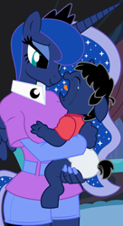 Size: 6000x11000 | Tagged: safe, artist:evilfrenzy, princess luna, oc, oc:frenzy, anthro, absurd resolution, age regression, anthro oc, baby, crying, diaper, foal, male, maternaluna, younger