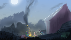 Size: 1920x1080 | Tagged: safe, artist:hierozaki, rainbow dash, rarity, scootaloo, sweetie belle, pegasus, pony, unicorn, campfire, camping, clothes, female, fire, mare, moon, night, scarf, sleeping