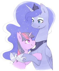 Size: 721x861 | Tagged: safe, artist:japananon, princess luna, twilight sparkle, alicorn, pony, female, hug, lesbian, pixiv, shipping, simple background, twiluna