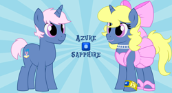 Size: 11000x6000 | Tagged: safe, artist:evilfrenzy, oc, oc only, oc:azure/sapphire, pony, unicorn, absurd resolution, bow, bracelet, clothes, crossdressing, dress, hair bow, jewelry, lipstick, male, necklace, ponysona, shoes, solo, stallion, sunburst background, wig