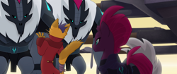 Size: 1920x804 | Tagged: safe, derpibooru import, screencap, capper dapperpaws, grubber, tempest shadow, abyssinian, anthro, hedgehog, pony, unicorn, my little pony: the movie, anthro with ponies, armor, broken horn, clothes, coat, scared, storm guard, surprised, tempest shadow's bodyguard