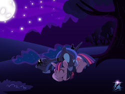 Size: 8000x6000 | Tagged: dead source, safe, artist:nightmaremoons, princess luna, twilight sparkle, alicorn, pony, absurd resolution, female, lesbian, night, shipping, sleeping, twiluna