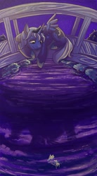 Size: 1000x1813 | Tagged: safe, artist:mazepony, princess luna, alicorn, pony, bridge, night, river, solo, stream, water