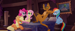 Size: 1280x536 | Tagged: safe, derpibooru import, edit, edited screencap, editor:ah96, screencap, applejack, capper dapperpaws, fluttershy, pinkie pie, rainbow dash, abyssinian, anthro, cat, earth pony, pegasus, pony, my little pony: the movie, anthro with ponies, bed, casual nudity, cowboy hat, female, hat, male, mare, missing accessory, nude edit, nudity, stupid sexy capper