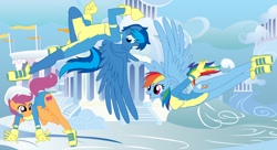 Size: 11000x6000 | Tagged: safe, artist:evilfrenzy, rainbow dash, scootaloo, oc, anthro, pegasus, absurd resolution, clothes, cloudsdale, flying, leotard, long sleeves, uniform, wonderbolt leotard, wonderbolts, wonderbolts uniform