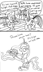 Size: 725x1191 | Tagged: safe, artist:jberg18, pipsqueak, princess luna, spike, twilight sparkle, alicorn, dragon, pony, unicorn, colt, comic, female, imminent vore, implied vore, male, mare, monochrome, pony as food