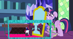 Size: 11000x6000 | Tagged: safe, artist:evilfrenzy, spike, tempest shadow, twilight sparkle, twilight sparkle (alicorn), alicorn, dragon, pony, unicorn, my little pony: the movie, absurd resolution, age regression, baby, baby pony, crying, diaper, fanfic, fanfic art, foal, happy, mirror, playpen, show accurate, smiling, tears of joy, tempest gets her horn back