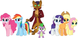 Size: 6176x3041 | Tagged: safe, artist:ejlightning007arts, derpibooru import, applejack, capper dapperpaws, fluttershy, pinkie pie, rainbow dash, rarity, spike, abyssinian, anthro, cat, digitigrade anthro, dragon, earth pony, pegasus, pony, semi-anthro, unicorn, my little pony: the movie, anthro with ponies, clothes, coat, cowboy hat, female, hat, male, mare, open mouth, simple background, stetson, transparent background, vector