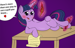 Size: 1700x1106 | Tagged: safe, artist:darkknighthoof, artist:darkknightwolf2011, color edit, edit, twilight sparkle, blushing, colored, desk, feather, fetish, hoof fetish, hoof tickling, leg twitch, solo, teasing, tickle fetish, tickling