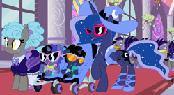 Size: 11000x6000 | Tagged: safe, artist:evilfrenzy, princess luna, oc, oc:cruithne, oc:frenzy, bat pony, pony, absurd resolution, age regression, baby, baby pony, bat pony oc, clothes, diaper, foal, offspring, parent:oc:frenzy, parent:princess luna, parents:canon x oc, royal guard, show accurate, stroller, sunglasses, swimsuit