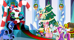 Size: 11000x6000 | Tagged: safe, artist:evilfrenzy, alice the reindeer, aurora the reindeer, bori the reindeer, princess cadance, princess flurry heart, princess luna, oc, oc:cruithne, oc:frenzy, oc:leeloo, alicorn, dragon, pony, absurd resolution, age regression, baby, baby pony, christmas, christmas tree, cute, diaper, foal, holiday, onesie, parent:oc:frenzy, parent:princess luna, parents:canon x oc, santa claus, the gift givers, tree