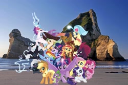 Size: 2048x1363 | Tagged: safe, derpibooru import, editor:php77, applejack, capper dapperpaws, captain celaeno, fluttershy, grubber, pinkie pie, princess skystar, queen novo, rainbow dash, rarity, sci-twi, spike, storm king, sunset shimmer, tempest shadow, twilight sparkle, twilight sparkle (alicorn), abyssinian, alicorn, anthro, earth pony, pegasus, pony, seapony (g4), unicorn, equestria girls, equestria girls series, my little pony: the movie, anthro with ponies, beach, beauty mark, cowboy hat, ear piercing, earring, equestria girls in real life, hat, irl, jewelry, looking at you, male, mane seven, mane six, photo, piercing, pirate hat, ponies in real life, staff, staff of sacanas