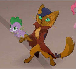 Size: 593x540 | Tagged: safe, derpibooru import, screencap, capper dapperpaws, spike, abyssinian, anthro, cat, digitigrade anthro, dragon, my little pony: the movie, clothes, coat, cropped, duo focus, looking up, male, paws