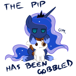 Size: 756x756 | Tagged: safe, artist:megasweet, pipsqueak, princess luna, alicorn, earth pony, pony, :t, colt, cute, duo, female, floppy ears, gobbled, male, mare, nom, simple background, sitting, transparent background