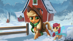 Size: 1920x1080 | Tagged: safe, artist:hierozaki, apple bloom, applejack, earth pony, pony, barn, clothes, cowboy hat, duo, duo female, female, filly, hat, looking at each other, mare, scarf, snow, stetson, walking