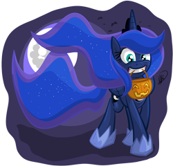 Size: 1280x1229 | Tagged: safe, artist:secoh2000, princess luna, alicorn, pony, food, full moon, halloween, holiday, hoof shoes, jack-o-lantern, moon, mouth hold, nightmare night, pumpkin, pumpkin bucket, simple background, solo, transparent background, trick or treat