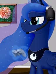 Size: 1704x2242 | Tagged: safe, artist:iflysna94, princess luna, alicorn, pony, controller, gamer luna, headset, magic, serious face, solo