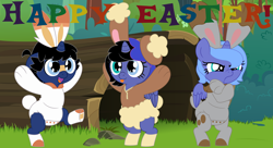 Size: 11000x6000 | Tagged: safe, artist:evilfrenzy, princess luna, oc, oc:cruithne, oc:frenzy, alicorn, anthro, unguligrade anthro, unicorn, age regression, alicorn oc, animal costume, baby, bunnelby, bunny costume, clothes, costume, easter, female, filly, foal, heterochromia, holiday, lopunny, male, offspring, parent:oc:frenzy, parent:princess luna, parents:canon x oc, pokémon, scorbunny, tongue out, woona, younger