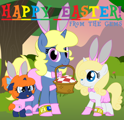 Size: 8000x7704 | Tagged: safe, artist:evilfrenzy, oc, oc only, oc:azure/sapphire, oc:frenzy, oc:petticoat, pony, age regression, baby, basket, bunny ears, crossdressing, easter, foal, holiday, onesie, picnic basket, picnic blanket, tree