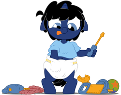 Size: 7600x6000 | Tagged: safe, artist:evilfrenzy, oc, oc only, oc:frenzy, anthro, unguligrade anthro, unicorn, age regression, baby, balls, cookie, diaper, foal, food, nudity, rugrats, screwdriver, solo, toy