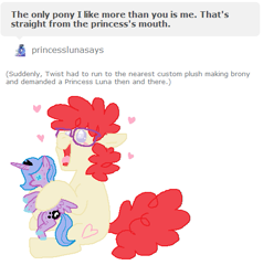 Size: 507x532 | Tagged: safe, princess luna, twist, alicorn, pony, ask twist, doll, fangirl, glasses, happy, heart, plushie, s1 luna, text, tumblr