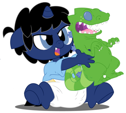 Size: 6700x6000 | Tagged: safe, artist:evilfrenzy, oc, oc only, oc:frenzy, anthro, unguligrade anthro, unicorn, age regression, baby, diaper, foal, reptar, rugrats, solo, toy