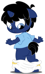 Size: 3704x6000 | Tagged: safe, artist:evilfrenzy, oc, oc only, oc:frenzy, anthro, unguligrade anthro, unicorn, age regression, baby, diaper, foal, plot, rugrats, solo, wardrobe malfunction