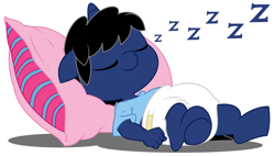 Size: 10000x5696 | Tagged: safe, artist:evilfrenzy, oc, oc only, oc:frenzy, anthro, unguligrade anthro, unicorn, age regression, baby, diaper, foal, onomatopoeia, rugrats, sleeping, solo, sound effects, zzz