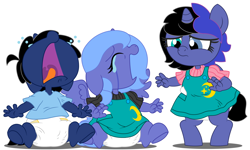 Size: 10000x6000 | Tagged: safe, artist:evilfrenzy, princess luna, oc, oc:cruithne, oc:frenzy, alicorn, anthro, unguligrade anthro, unicorn, age regression, alicorn oc, anthro oc, baby, crying, diaper, female, filly, foal, heterochromia, offspring, parent:oc:frenzy, parent:princess luna, parents:canon x oc, rugrats, trio, woona, younger