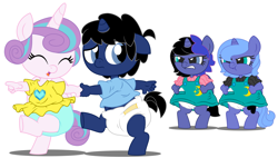 Size: 10600x6000 | Tagged: safe, artist:evilfrenzy, princess flurry heart, princess luna, oc, oc:cruithne, oc:frenzy, alicorn, anthro, unguligrade anthro, unicorn, age regression, angry, anthro oc, baby, diaper, female, filly, foal, jealous, offspring, parent:oc:frenzy, parent:princess luna, parents:canon x oc, rugrats, woona, younger