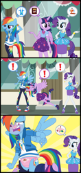 Size: 4344x9200 | Tagged: safe, artist:evilfrenzy, fluttershy, rainbow dash, rarity, twilight sparkle, twilight sparkle (alicorn), alicorn, anthro, better together, equestria girls, accidental exposure, assisted exposure, blushing, clothes, comic, converse, embarrassed, embarrassed underwear exposure, face print underwear, female, humiliation, panties, panties pulled down, pink underwear, ribbon, shoes, sneakers, underwear