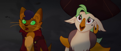 Size: 1920x804 | Tagged: safe, derpibooru import, screencap, capper dapperpaws, captain celaeno, abyssinian, anthro, my little pony: the movie, amazed, beauty mark, ear piercing, earring, female, hat, jewelry, male, piercing, pirate hat, shadow