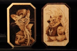 Size: 1280x862 | Tagged: safe, artist:horseez, derpibooru import, capper dapperpaws, grubber, abyssinian, anthro, my little pony: the movie, male, monochrome, pyrography, traditional art