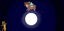 Size: 2508x1228 | Tagged: safe, artist:horsesplease, derpibooru import, capper dapperpaws, yona, cat, yak, my little pony: the movie, fiddle, hey diddle diddle, moon, night, paint tool sai, song reference, stars, violin