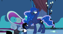 Size: 11000x6000 | Tagged: safe, artist:evilfrenzy, princess luna, oc, oc:frenzy, alicorn, pony, age regression, baby, colt, diaper, levitation, magic, male, maternaluna, motherly, teasing, telekinesis