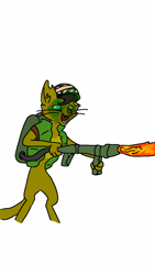 Size: 720x1280 | Tagged: safe, artist:shot387, derpibooru import, capper dapperpaws, abyssinian, anthro, my little pony: the movie, 1000 hours in ms paint, flamethrower, male, simple background, solo, weapon