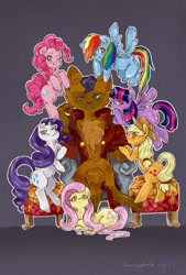 Size: 1181x1748 | Tagged: safe, artist:惠明佛茶, derpibooru import, applejack, capper dapperpaws, fluttershy, pinkie pie, rainbow dash, rarity, twilight sparkle, twilight sparkle (alicorn), abyssinian, alicorn, anthro, digitigrade anthro, earth pony, pegasus, pony, unicorn, my little pony: the movie, anthro with ponies, capper gets all the mares, crossed legs, female, male, mane six, mare, simple background, sitting