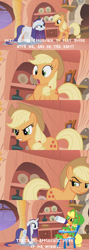 Size: 888x2500 | Tagged: safe, artist:evilfrenzy, edit, edited screencap, screencap, applejack, rarity, earth pony, pony, unicorn, look before you sleep, abdl, alternate scene, baby bottle, bonnet, booties, bottle feeding, clothes, comic, diaper, dress, feeding, golden oaks library, highchair, screencap comic