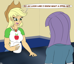 Size: 2300x2000 | Tagged: safe, alternate version, artist:novaspark, derpibooru exclusive, applejack, maud pie, equestria girls, angry, applerack, april fools, april fools 2020, arms, belt, breasts, bust, clothes, collar, cowboy hat, deep voice, denim skirt, female, fingers, freckles, glare, hand, king of the hill, long hair, ponytail, shirt, short sleeves, skirt, table, talking, teenager