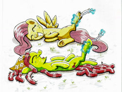 Size: 900x675 | Tagged: safe, artist:modecom1, fluttershy, tree hugger, pegasus, pony, crying, cute, eyes closed, feather, fetish, hoof fetish, magic, offscreen character, request, tickle fetish, tickling, underhoof