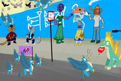 Size: 2400x1600 | Tagged: safe, artist:horsesplease, derpibooru import, capper dapperpaws, chummer, gallus, ocellus, stygian, tianhuo, anthro, bird, fish, griffon, pigeon, them's fightin' herds, my little pony: the movie, alcohol, beer, behaving like a rooster, biteacuda, bottle, chewing, cigarette, crowing, cuneiform, dresiarz, eating, fan, flag, gallus coop, gallus the rooster, gopnik, griffonstone, hittite, mane of fire, multeity, nom, paint tool sai, parade, random, road, sign, smoking, teapot, tianhuo and a road sign, walking campfire