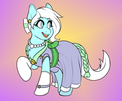 Size: 2547x2123 | Tagged: safe, artist:mr.pink, artist:pacificside18, oc, oc only, oc:azur lachrimae, pony, bow, clothes, dress, ear piercing, earring, gala dress, gloves, hoof gloves, jewelry, necklace, pearl, pearl necklace, piercing, ring, simple background