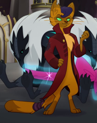 Size: 555x703 | Tagged: safe, derpibooru import, screencap, capper dapperpaws, abyssinian, anthro, cat, my little pony: the movie, chest fluff, claws, clothes, coat, cropped, jacket, male, paws, storm guard, tail