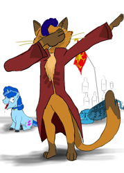 Size: 1000x1400 | Tagged: safe, artist:horsesplease, derpibooru import, capper dapperpaws, gallus, party favor, abyssinian, anthro, my little pony: the movie, annoyed, clothes, coat, dab, disappointed, drunk, flag, i didn't listen, loss (meme), male, paint tool sai, pun, upset