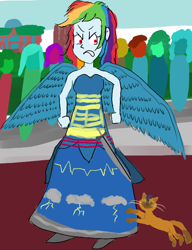 Size: 552x719 | Tagged: safe, artist:horsesplease, derpibooru import, capper dapperpaws, rainbow dash, angel, cat, equestria girls, my little pony: the movie, angry, annoyed, clothes, dress, paint tool sai, sword, weapon, wings