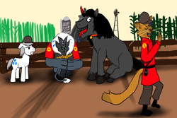 Size: 1500x1000 | Tagged: safe, artist:horsesplease, derpibooru import, capper dapperpaws, double diamond, king sombra, abyssinian, anthro, unicorn, my little pony: the movie, behaving like a dog, clothes, coat, cowering, farm, heavy weapons guy, helmet, male, meet the soldier, paint tool sai, panting, scared, soldier, sombra dog, storm creature, storm guard, team fortress, team fortress 2, unamused, year of the dog