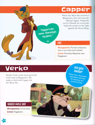 Size: 2104x2764 | Tagged: safe, derpibooru import, capper dapperpaws, verko, abyssinian, anthro, digitigrade anthro, my little pony: the movie, clothes, coat, goggles, hat, merchandise, my little pony: character guide, official, scan, scanned, top hat